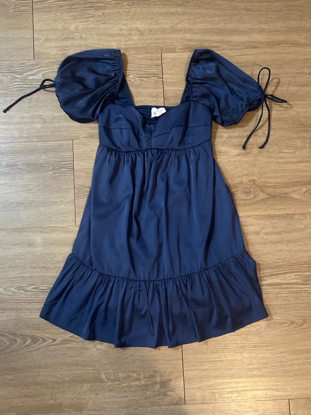 Puff-Sleeve Navy Mini Dress with Ruffle Hem